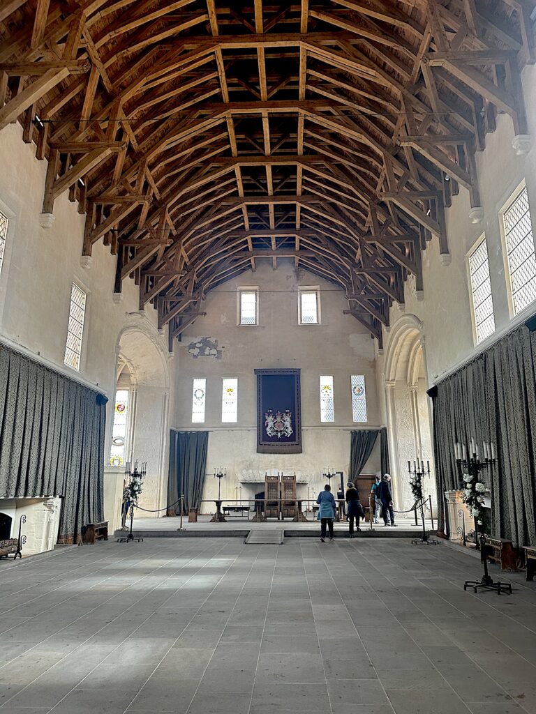 The Great Hall of Stirling Castle features beautiful wood rafters on the lofty ceiling.