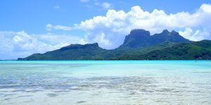 Looking across the shallow lagoon to beautiful Bora Bora, French Polynesia.