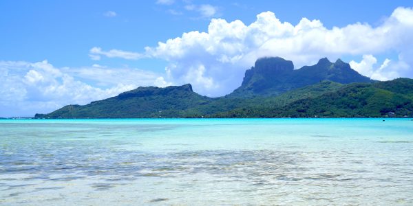 Looking across the shallow lagoon to beautiful Bora Bora, French Polynesia.