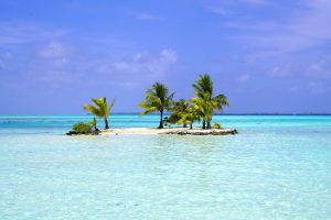 A small sand island with a few palm trees rises from the pale aquamarine water of the lagoon around Taha'a.