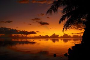 Blazing sunset colors fill the sky and reflect off the placid lagoon on Moorea, French Polynesia.