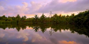 Pink and purple sunset skies are reflected in Lake Tautau, French Polynesia.